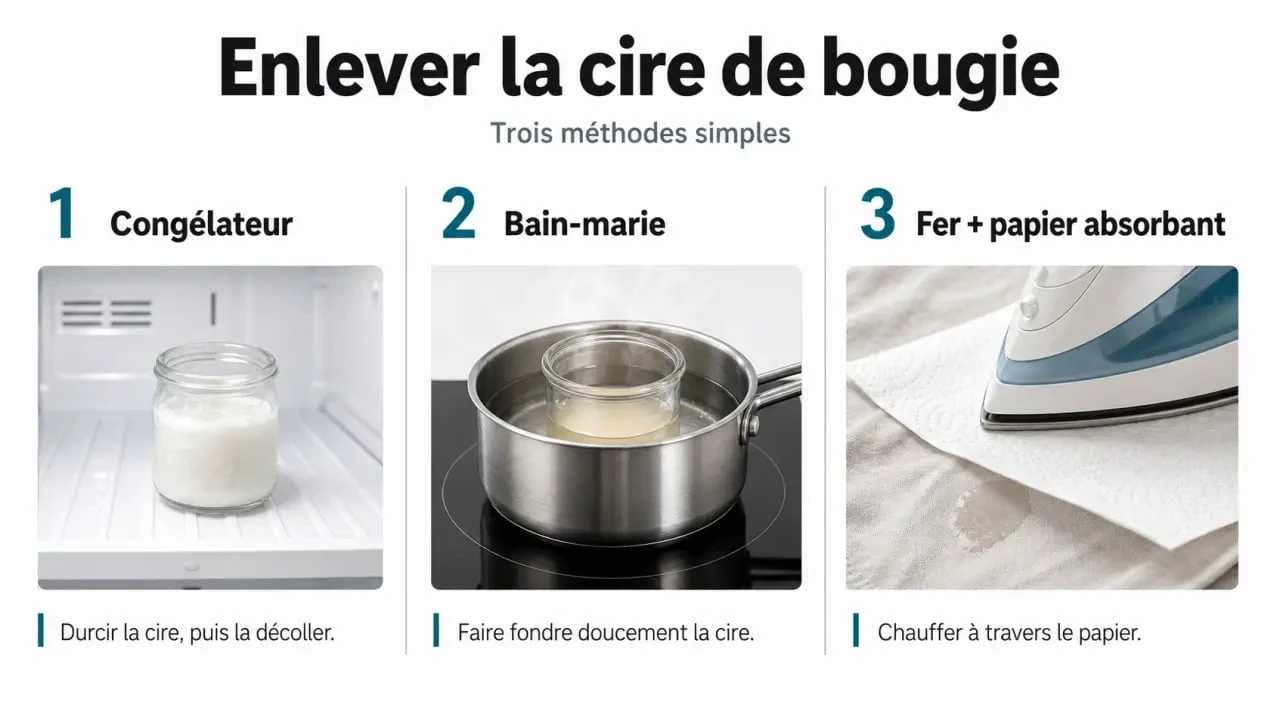 Méthodes pour enlever la cire de bougie sur différents supports : congélation, bain-marie et repassage.