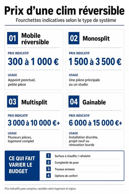 Infographie sur le prix clim réversible selon le type de système et les facteurs de coût
