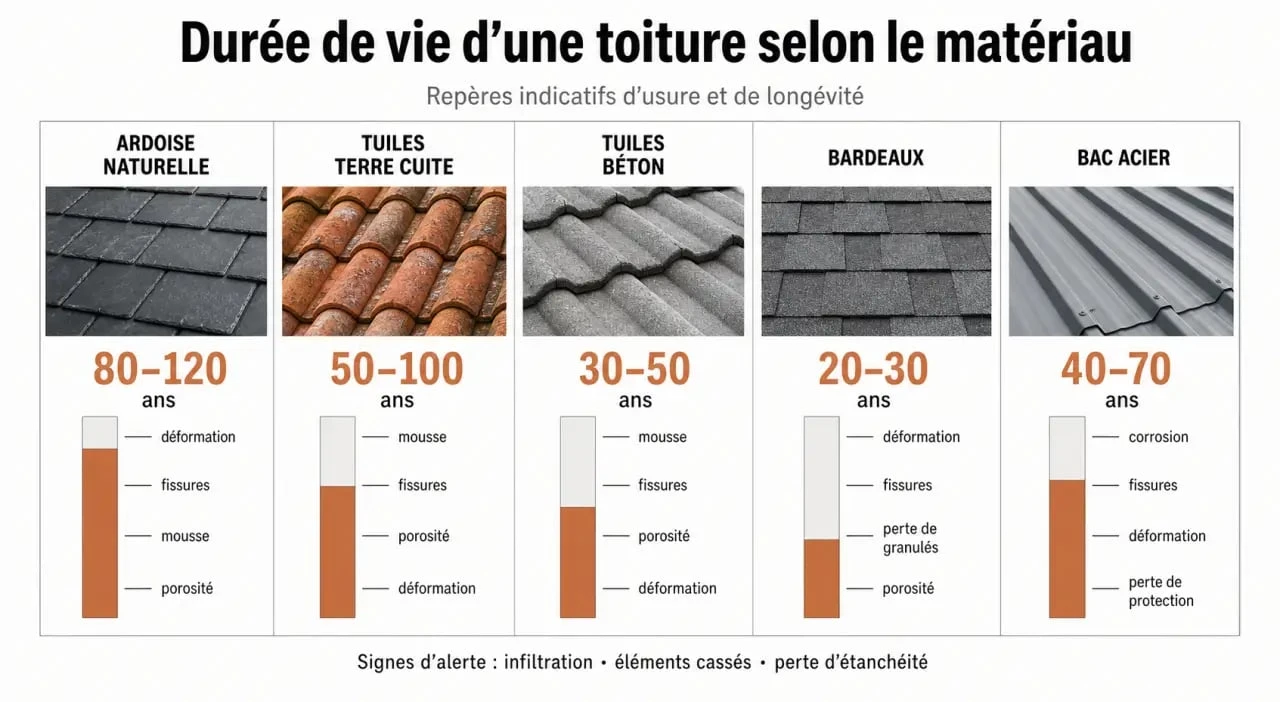 Durée de vie toiture : comparaison visuelle des matériaux et des signes d’usure