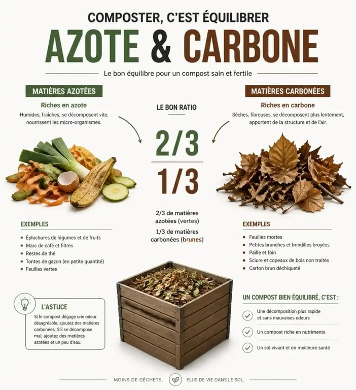 Infographie sur l'équilibre des matières dans un composteur domestique pour réussir son compost
