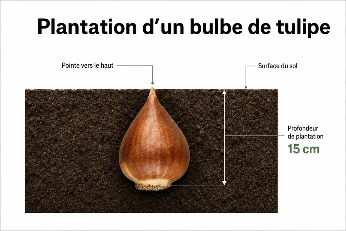 Schéma explicatif sur quand planter les tulipes et comment respecter la profondeur de plantation idéale