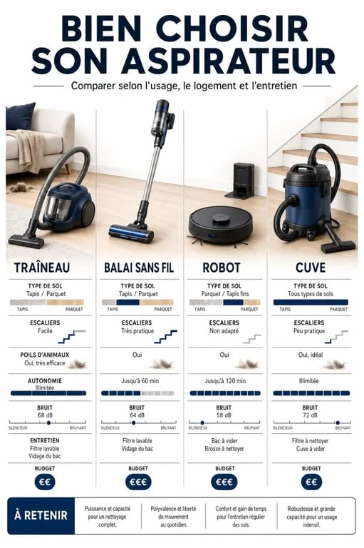 Comment choisir aspirateur : comparaison visuelle des principaux types d'aspirateurs et critères de choix
