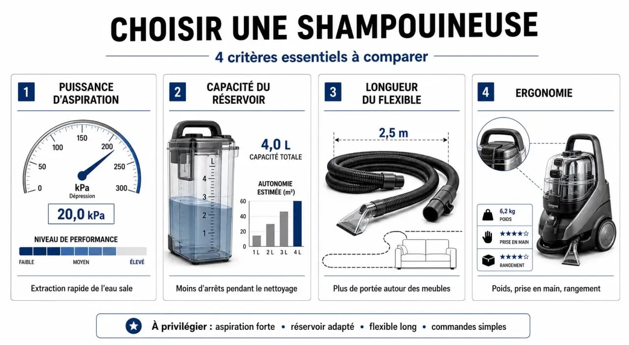 Infographie des critères de choix pour la meilleure shampouineuse domestique