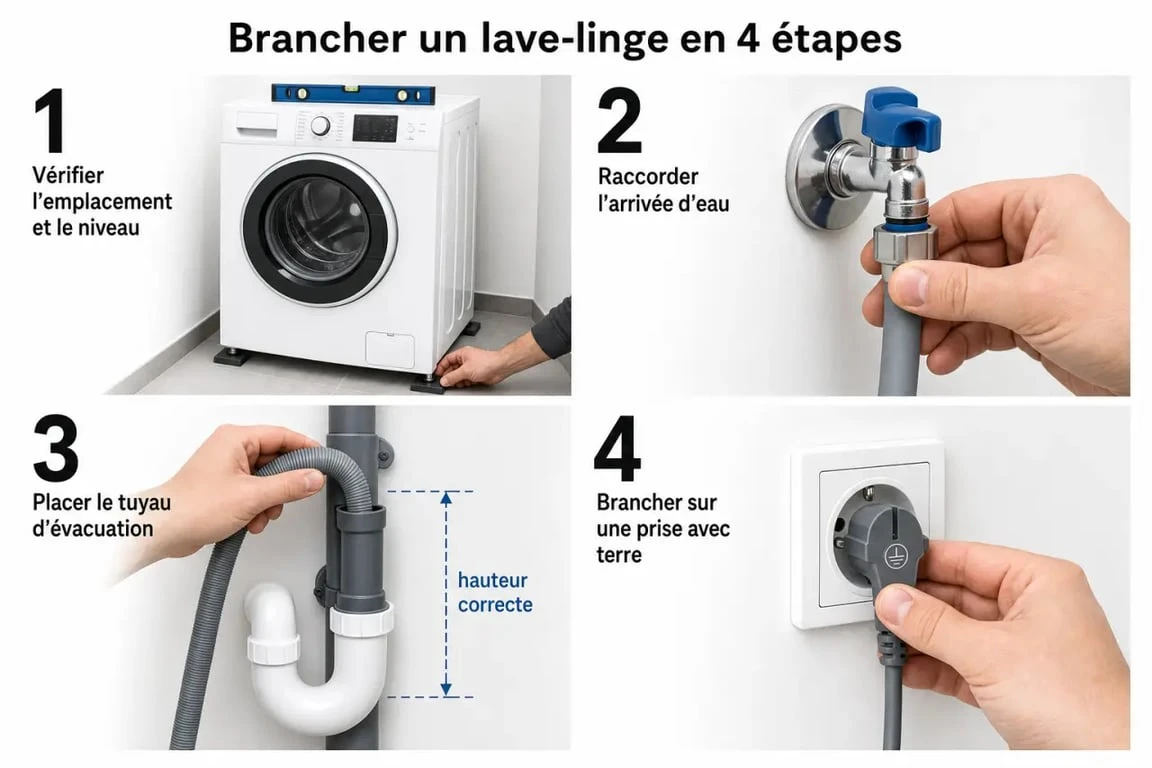 Lave linge branchement : schéma visuel des étapes de raccordement de l’eau, de l’évacuation et de l’électricité