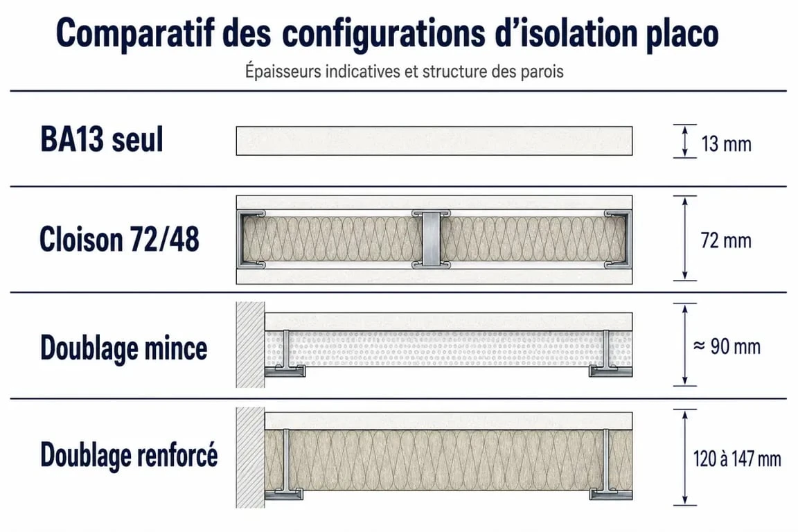 Epaisseur isolation placo : comparaison visuelle des configurations BA13, cloison 72/48 et doublage isolant