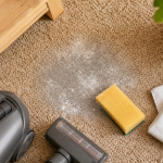 Nettoyer une moquette avec aspiration et bicarbonate sur fibres beige