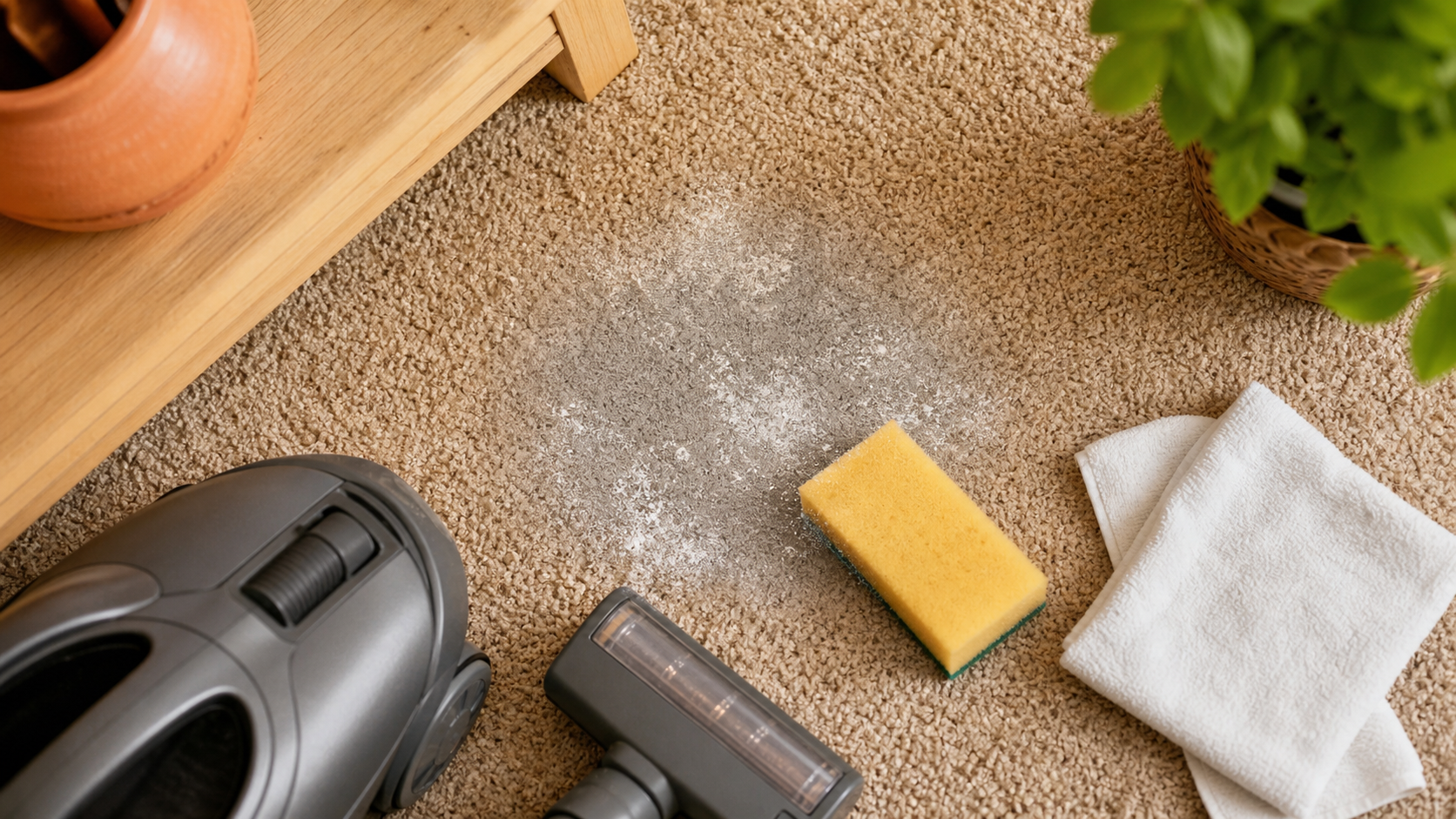 Nettoyer une moquette avec aspiration et bicarbonate sur fibres beige