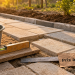 Pose pavé prix m2 : niveau à bulle et mortier sur pavés béton