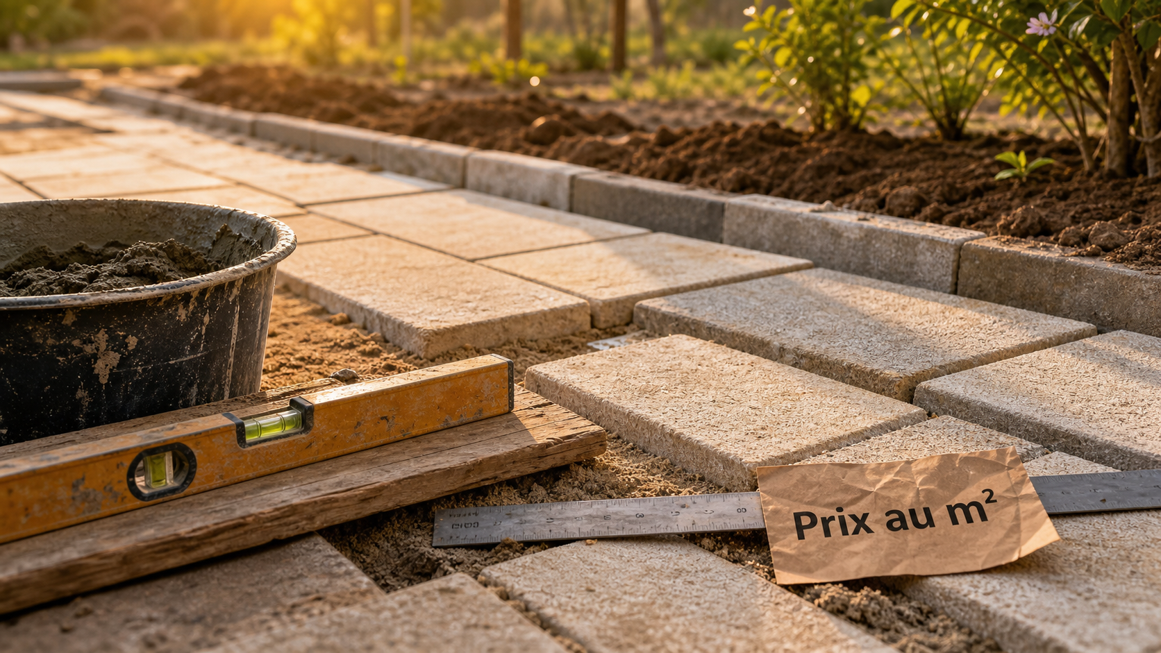 Pose pavé prix m2 : niveau à bulle et mortier sur pavés béton
