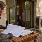 Prix pompe à chaleur maison 150m2 : installateur montre une PAC air-eau sur chantier