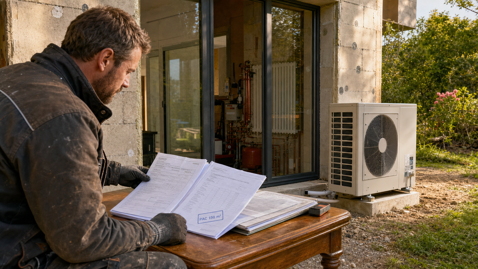 Prix pompe à chaleur maison 150m2 : installateur montre une PAC air-eau sur chantier