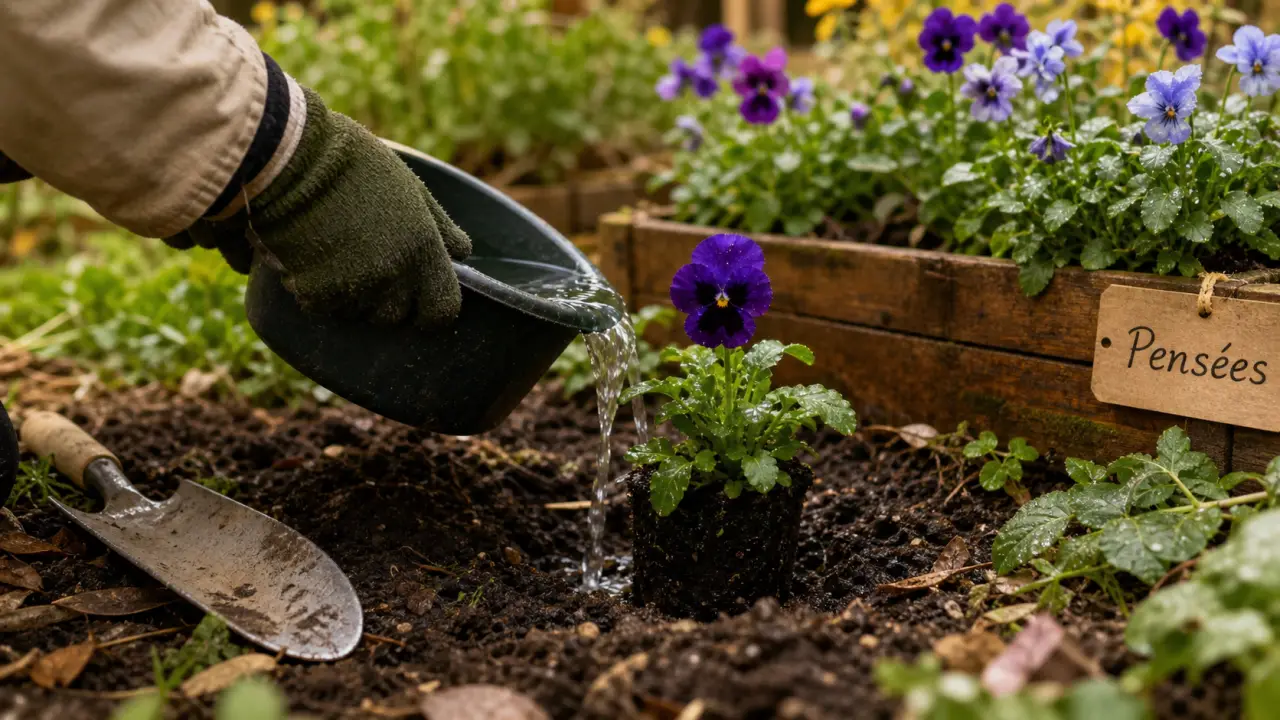 Quand planter des pensées : main arrosant des plants en godets