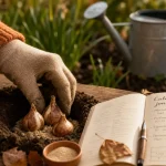 Quand planter jonquilles : main plante des bulbes en profondeur