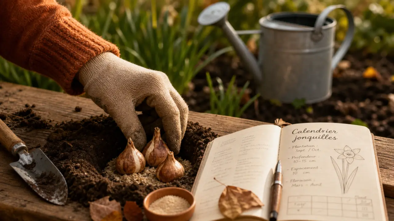 Quand planter jonquilles : main plante des bulbes en profondeur