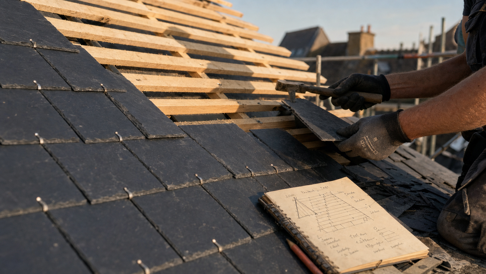 Schéma pose ardoise sur chantier, ardoises et liteaunage