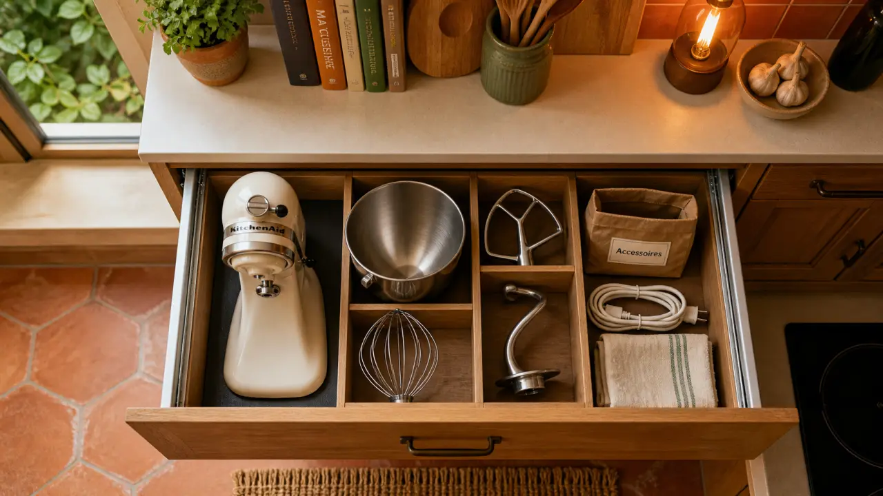 Astuce rangement robot cuisine : tiroir profond avec accessoires du robot