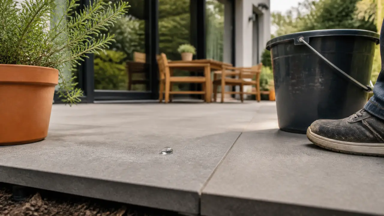 Carrelage terrasse moderne effet béton antidérapant R11 sur plots, pose