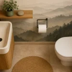 Déco WC zen : vasque blanche, porte-papier noir, papier peint brumeux et bois clair