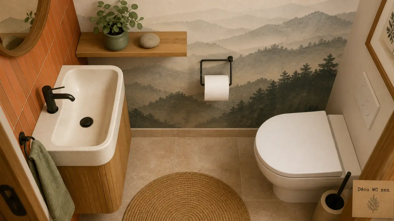 Déco WC zen : vasque blanche, porte-papier noir, papier peint brumeux et bois clair