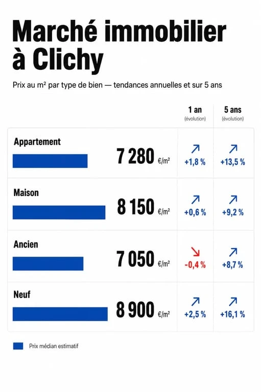 Prix immobilier Clichy : comparaison des prix au m² par type de bien et évolution du marché