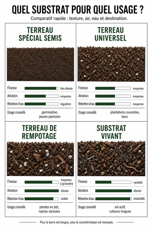 Comparatif du substrat semis demarrage entre terreau spécial semis, terreau universel, terreau de rempotage et substrat vivant