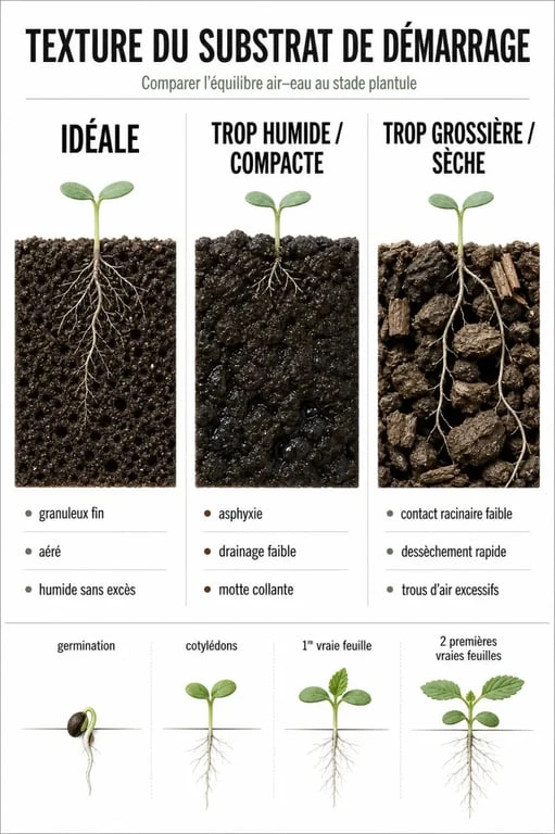 Texture idéale et erreurs courantes du substrat semis demarrage avec stades de plantule
