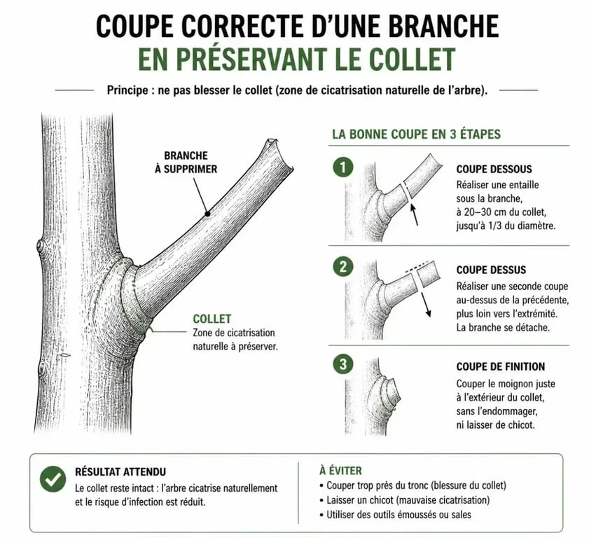 Technique de coupe de branche d'arbre fruitier en préservant le collet