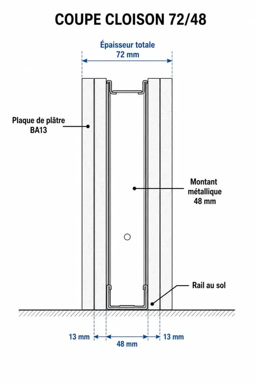 Coupe technique d'une cloison en railles pour placo