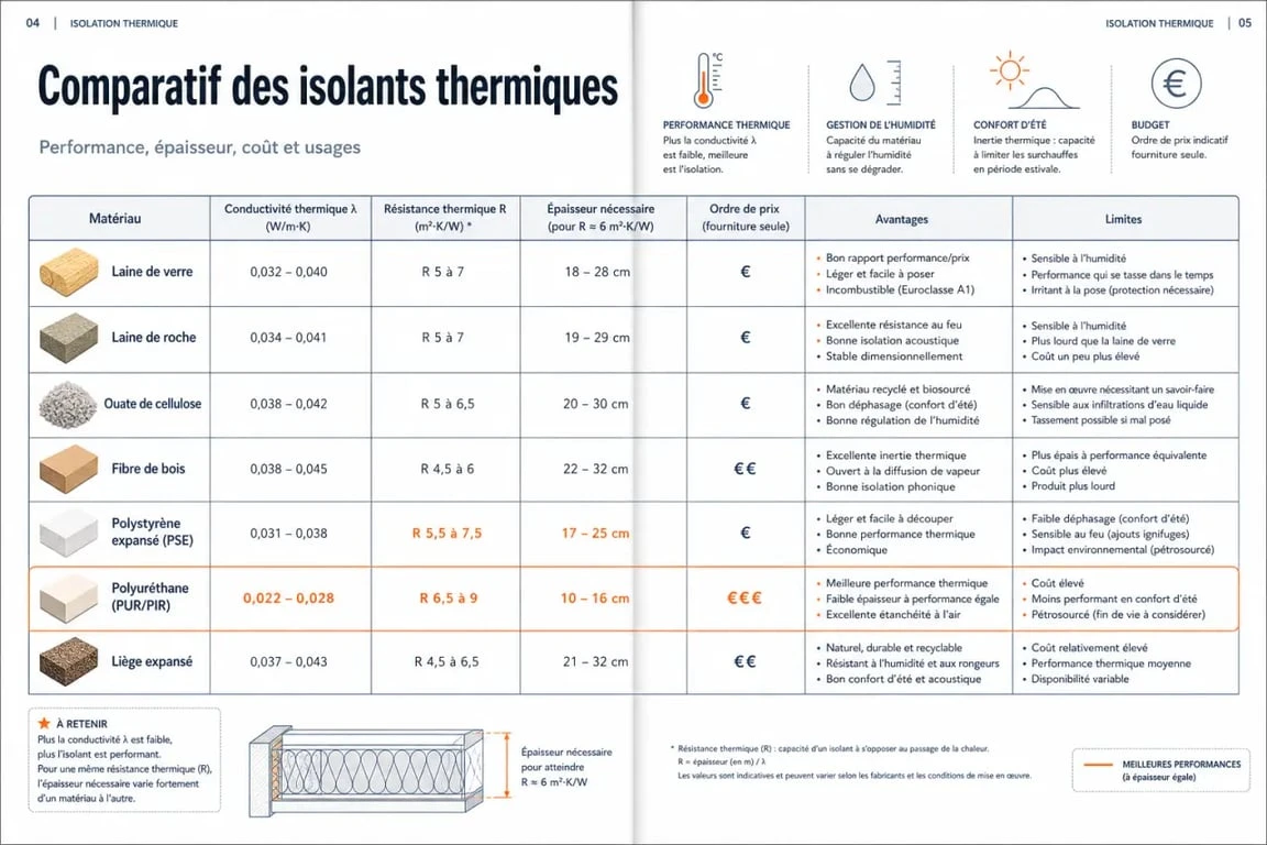 Tableau comparatif isolant thermique des principaux matériaux avec performances, épaisseurs et prix