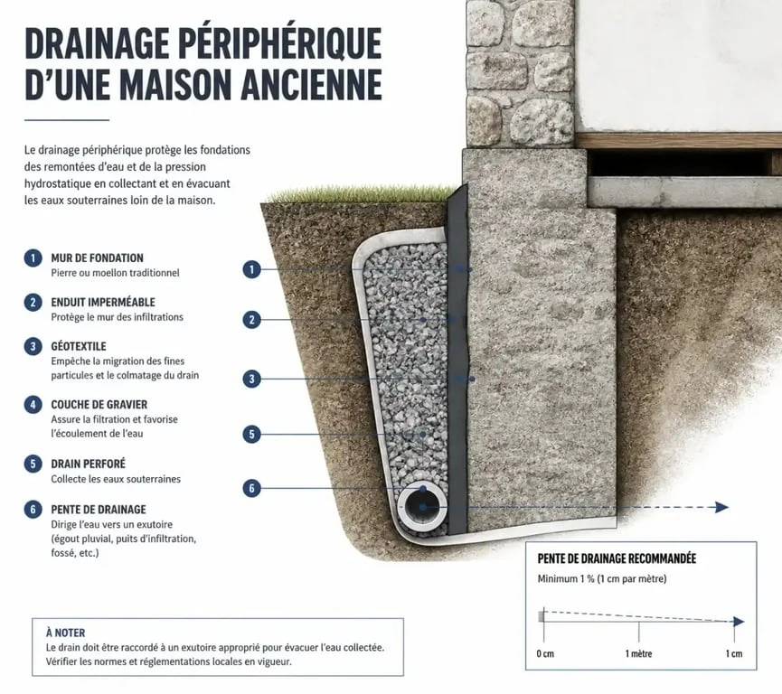 Schéma technique d'un drainage périphérique pour maison ancienne : coupe transversale des fondations et du système de drainage.