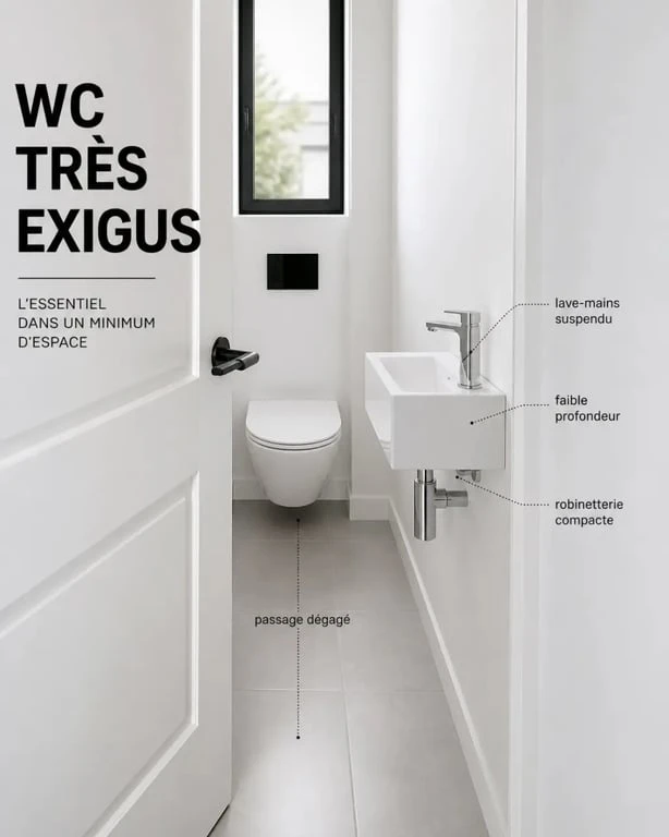 Petit lavabo toilette suspendu installé dans des WC très étroits avec passage dégagé