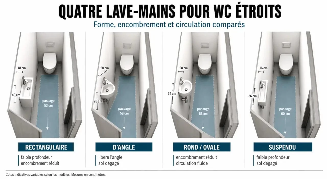 Petit lavabo toilette : comparaison visuelle des formats rectangulaire, d’angle, rond/ovale et suspendu dans des WC étroits