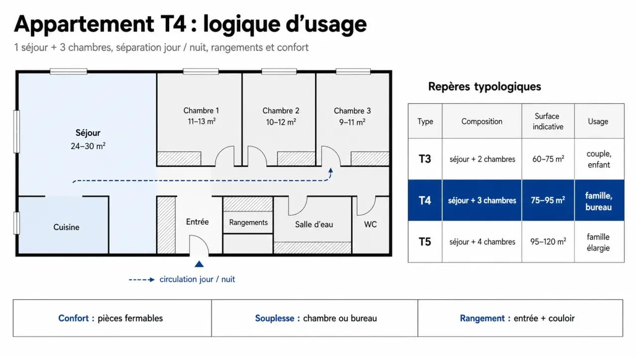 Appartement T4 illustré avec séjour et 3 chambres, comparaison T3 T4 T5