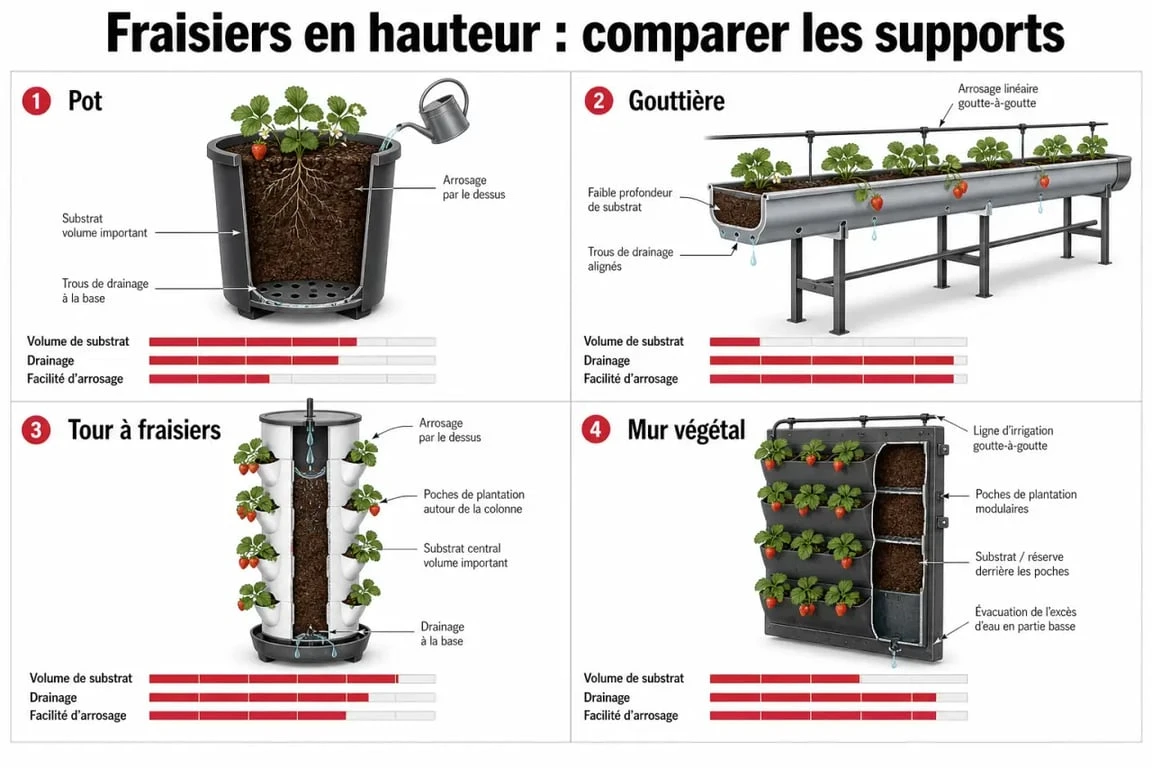 Plantation fraisier en hauteur : comparaison des supports pot, gouttière et tour à fraisiers