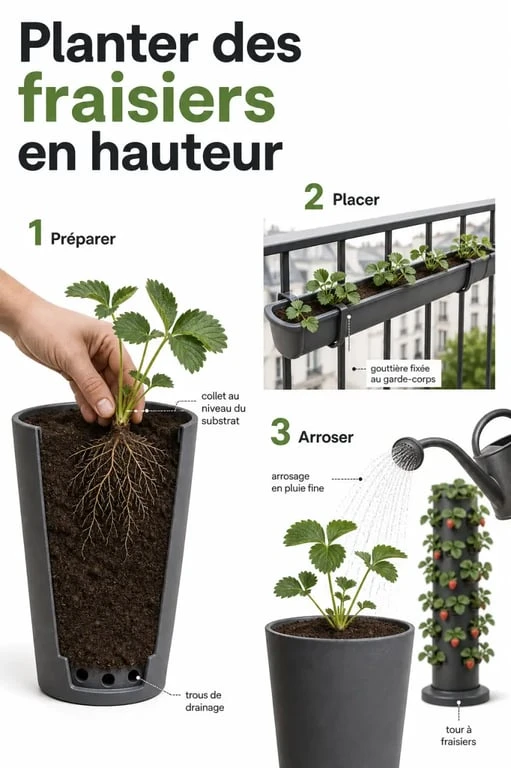 Plantation fraisier en hauteur sur balcon avec collet bien dégagé et arrosage doux