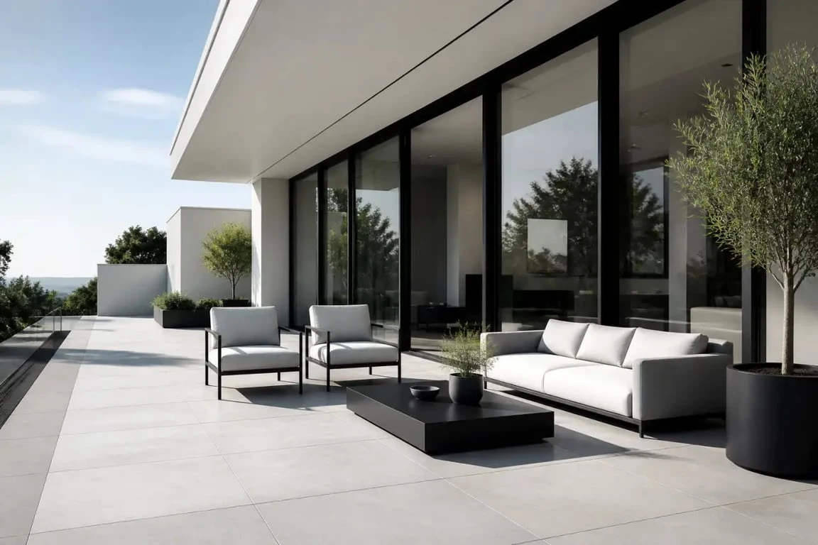 Carrelage terrasse moderne en grand format effet béton sur une terrasse contemporaine avec baie vitrée noire