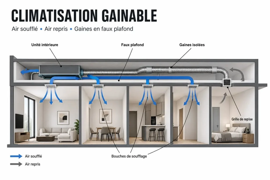 Schéma de gaine climatisation dans un faux plafond montrant le cheminement de l’air