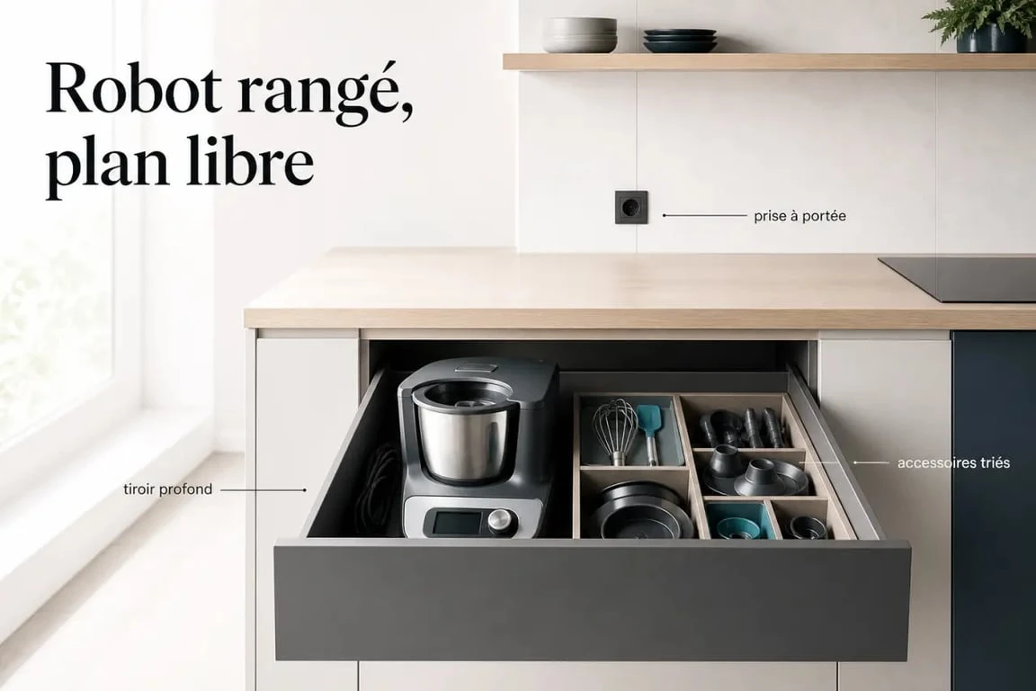 Astuce rangement robot cuisine dans un tiroir bas profond avec accessoires regroupés dans une cuisine compacte