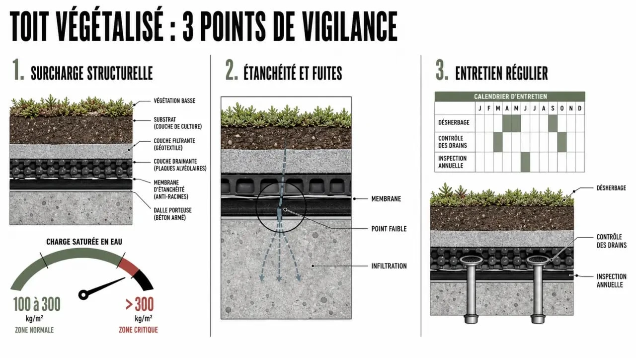 Toit végétalisé inconvénient : surcharge, fuites et entretien dans une illustration éditoriale