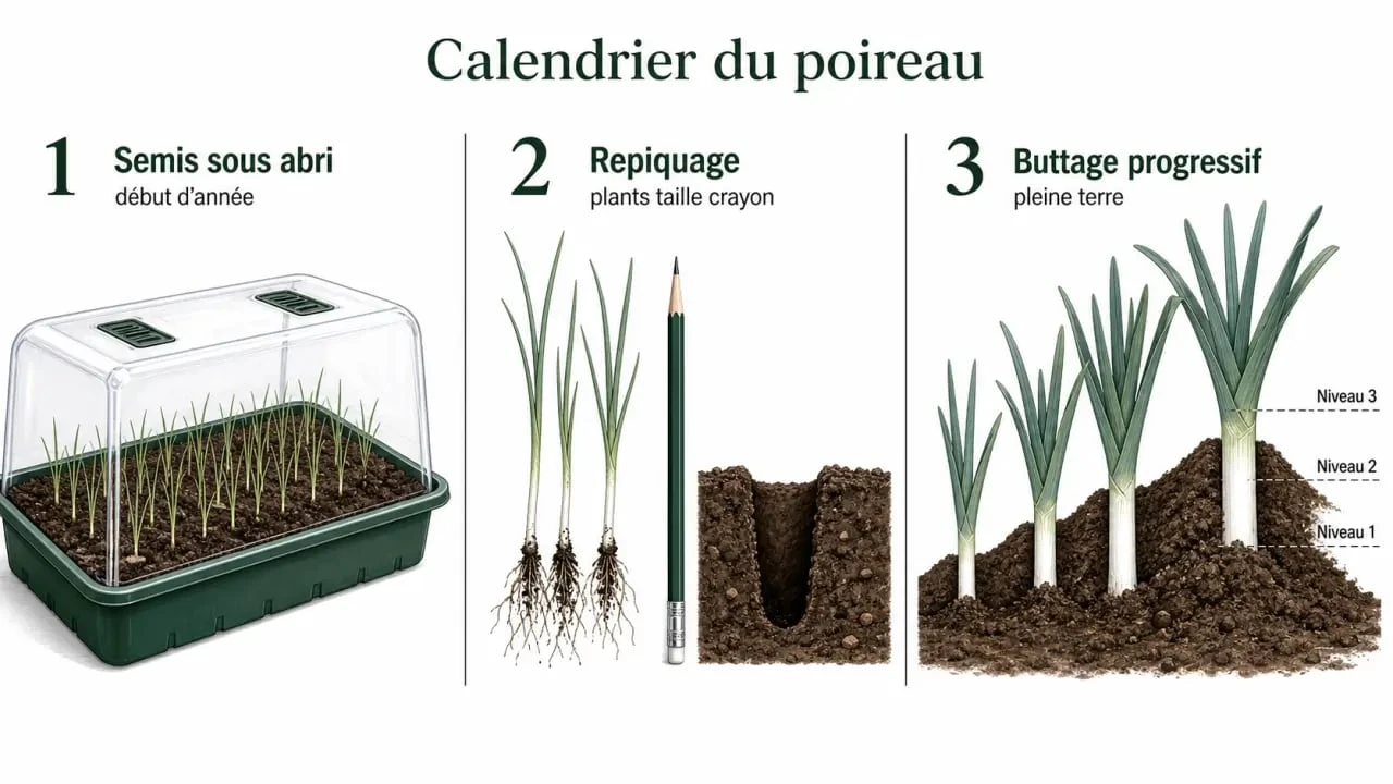 Quand planter les poireaux : calendrier visuel des semis, du repiquage et du buttage au potager