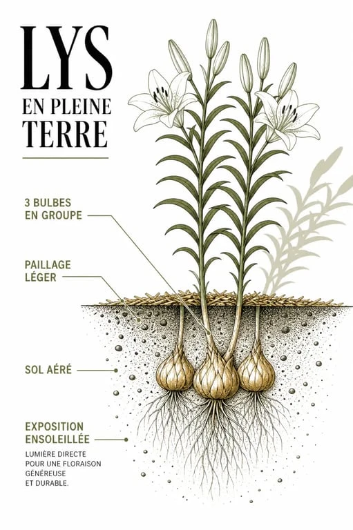 Quand planter des lys en pleine terre : plantation en massif avec paillage et exposition idéale
