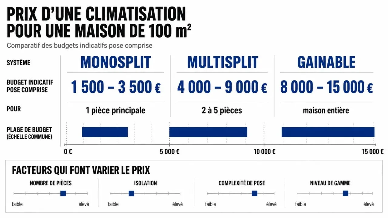 Prix climatisation maison 100m2 : comparaison visuelle des budgets selon le type de climatisation