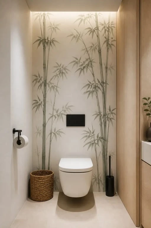Déco WC zen : mur signature japonisant dans des toilettes apaisantes