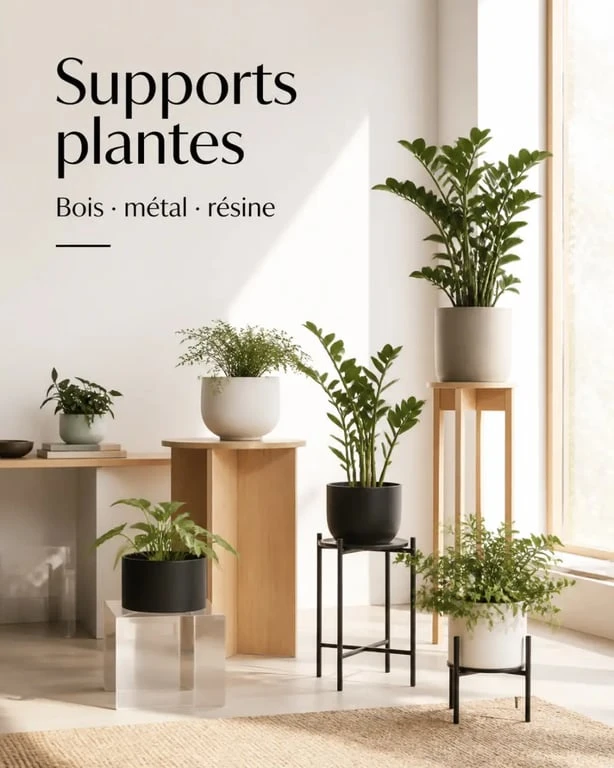 Support plante intérieur en bois, métal et résine dans un intérieur décoratif