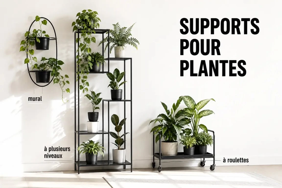 Support plante intérieur dans un salon compact avec support mural, étagère et support à roulettes