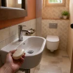 Petit lavabo toilette compact dans un WC étroit, robinetterie orientée