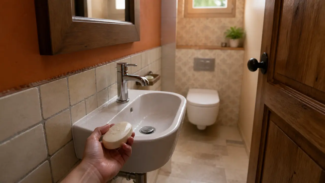 Petit lavabo toilette compact dans un WC étroit, robinetterie orientée