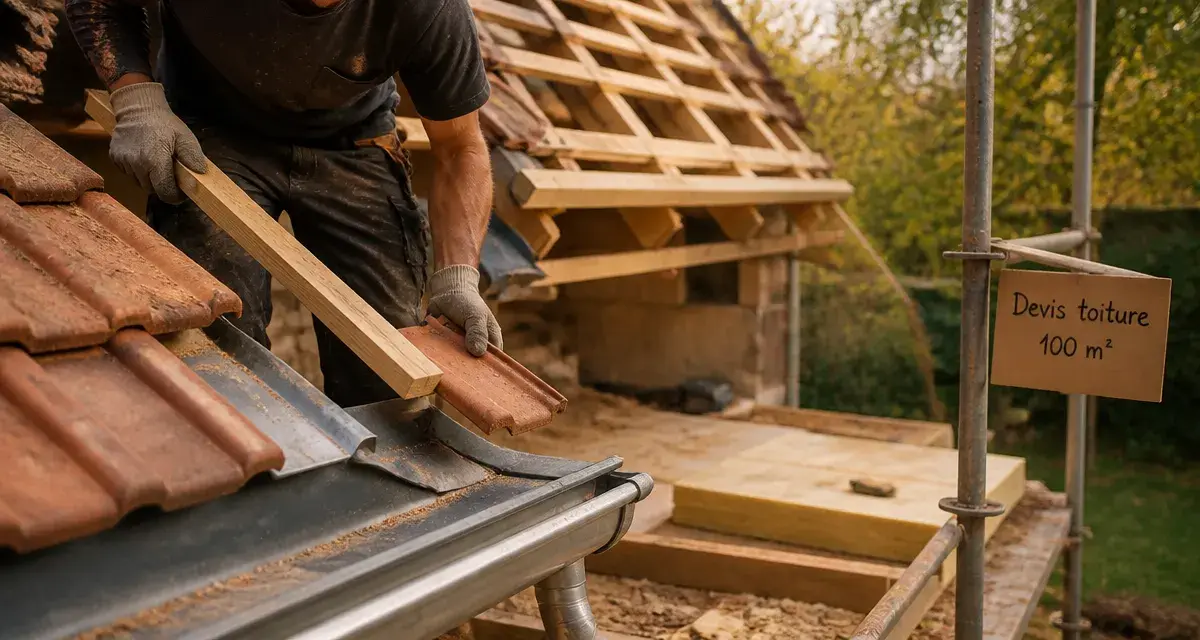 Prix d une toiture 100m2 : couvreur pose des tuiles sur chantier
