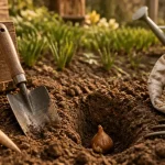 Quand planter bulbes : pelle, plantoir et bulbe de tulipe, profondeur de plantation
