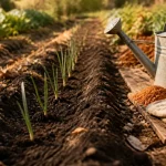 Quand planter les poireaux : jeunes plants de poireaux en terre, paillage et buttage